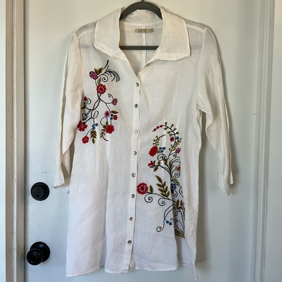 Caite for Athleta Embroidered linen top tunic button down white large - Picture 1 of 6